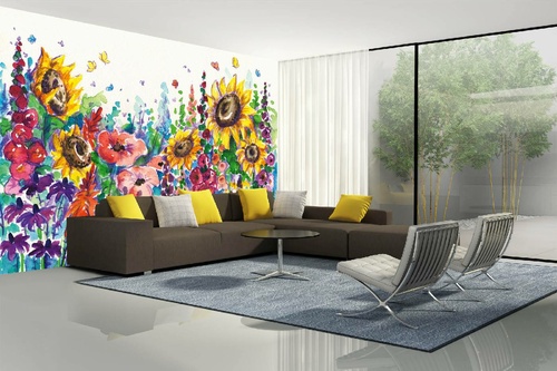 Vlies Fototapete - Gemälde - Sommerblumen im Garten 375 x 250 cm